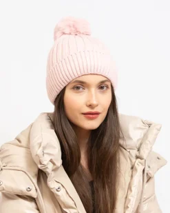 Sale Różowa damska ocieplana czapka z pomponem Damskie Czapki I Kapelusze
