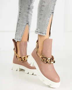 Sale Różowe damskie botki z łańcuszkiem Tenkay Botki Bez Ocieplenia|Botki Na Płaskim Obcasie