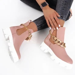 Sale Różowe damskie botki z łańcuszkiem Tenkay Botki Bez Ocieplenia|Botki Na Płaskim Obcasie