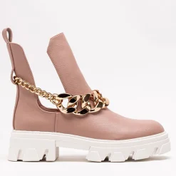 Sale Różowe damskie botki z łańcuszkiem Tenkay Botki Bez Ocieplenia|Botki Na Płaskim Obcasie