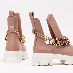 Sale Różowe damskie botki z łańcuszkiem Tenkay Botki Bez Ocieplenia|Botki Na Płaskim Obcasie
