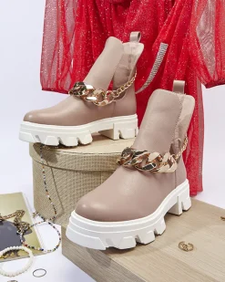 Sale Różowe damskie botki z łańcuszkiem Tenkay Botki Bez Ocieplenia|Botki Na Płaskim Obcasie