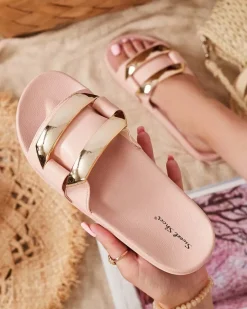 Clearance Różowe damskie klapki ze złotą ozdobą Serina Klapki Płaskie