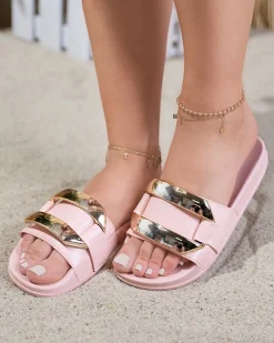 Clearance Różowe damskie klapki ze złotą ozdobą Serina Klapki Płaskie