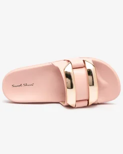 Clearance Różowe damskie klapki ze złotą ozdobą Serina Klapki Płaskie