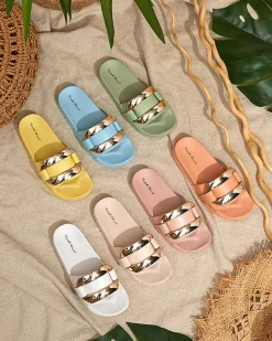 Clearance Różowe damskie klapki ze złotą ozdobą Serina Klapki Płaskie