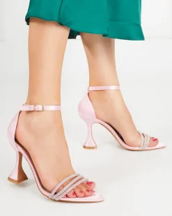 New Różowe damskie sandałki na szpilce z ozdobnymi cyrkoniami Manestri Szpilki|Sandały Na Szpilce