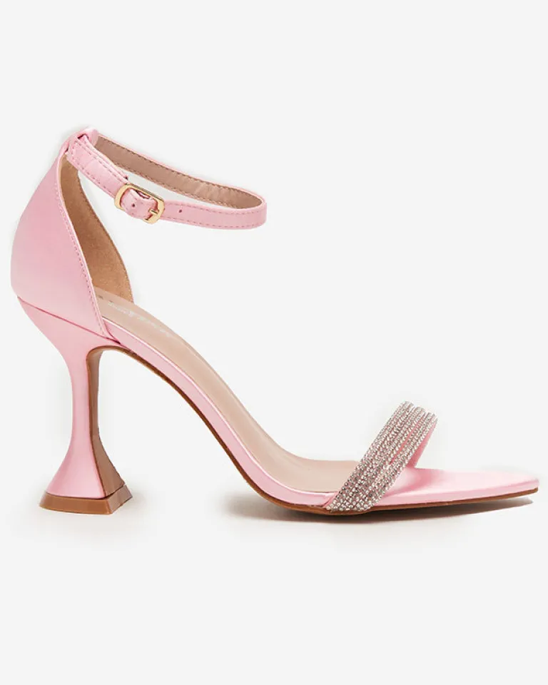New Różowe damskie sandałki na szpilce z ozdobnymi cyrkoniami Manestri Szpilki|Sandały Na Szpilce