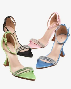 New Różowe damskie sandałki na szpilce z ozdobnymi cyrkoniami Manestri Szpilki|Sandały Na Szpilce