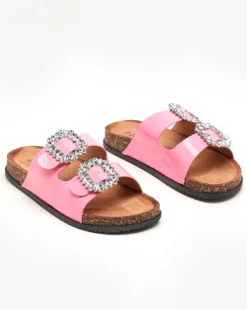 Hot Różowe damskie klapki ze zdobionymi klamerkami Olimika Klapki Płaskie