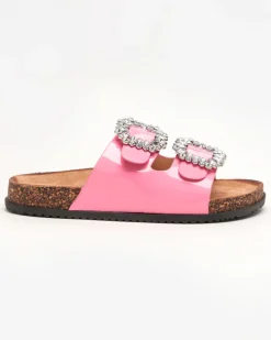 Hot Różowe damskie klapki ze zdobionymi klamerkami Olimika Klapki Płaskie