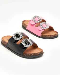 Hot Różowe damskie klapki ze zdobionymi klamerkami Olimika Klapki Płaskie