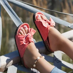 Sale Różowe klapki z kokardką Summer Blow Klapki Płaskie