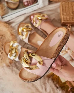 New Różowe klapki damskie z ozdobą Sofig Klapki Płaskie