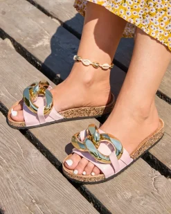 New Różowe klapki damskie z ozdobą Sofig Klapki Płaskie