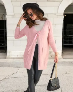 New Różowy damski miękki długi sweter narzutka Swetry