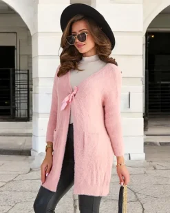 New Różowy damski miękki długi sweter narzutka Swetry