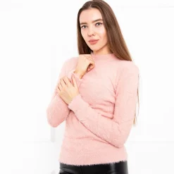 Best Różowy futerkowy sweterek damski ze stójką Swetry