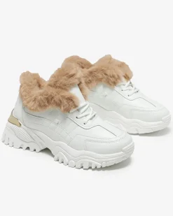Sportowe białe buty damskie z futerkiem Flixis Damskie Śniegowce|Ocieplane