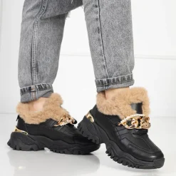 Clearance Sportowe czarne buty damskie z futerkiem Flixis Damskie Śniegowce|Ocieplane