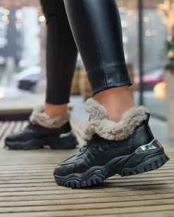 Clearance Sportowe czarne buty damskie z futerkiem Flixis Damskie Śniegowce|Ocieplane
