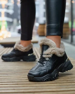 Clearance Sportowe czarne buty damskie z futerkiem Flixis Damskie Śniegowce|Ocieplane