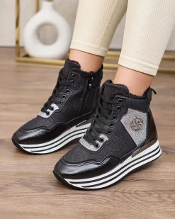 Hot Sportowe czarne sneakersy damskie z brokatem Kawellas Damskie Ocieplane|Sneakersy