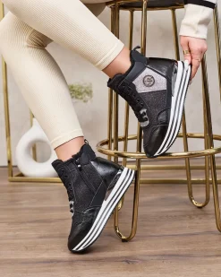 Hot Sportowe czarne sneakersy damskie z brokatem Kawellas Damskie Ocieplane|Sneakersy