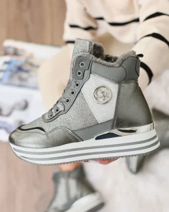 Clearance Sportowe szare sneakersy damskie z brokatem Kawellas Damskie Ocieplane|Sneakersy