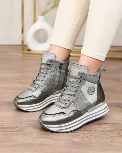 Clearance Sportowe szare sneakersy damskie z brokatem Kawellas Damskie Ocieplane|Sneakersy