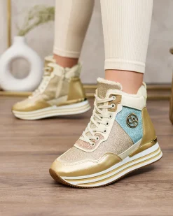 Sportowe złote sneakersy damskie z brokatem Kawellas Damskie Ocieplane|Sneakersy