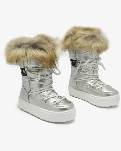 Online Srebrne dziecięce wsuwane buty a'la śniegowce z futerkiem Asika Dziewczęce