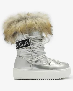 Online Srebrne dziecięce wsuwane buty a'la śniegowce z futerkiem Asika Dziewczęce
