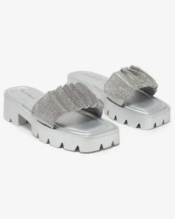 Online Srebrne klapki damskie z cyrkoniami Emkoy Klapki Na Obcasie