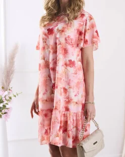 Outlet Sukienka damska do kolana z printem i falbanką w kolorze m Sukienki Letnie|Sukienki Krótkie