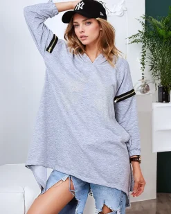 Outlet Szara damska oversizowa bluza z cyrkoniami Bluzy