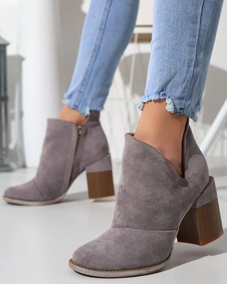 Outlet Szare damskie botki na słupku z wycięciami Cintura Botki Bez Ocieplenia|Botki Na Słupku