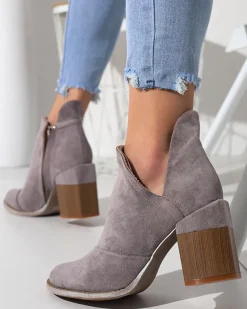 Outlet Szare damskie botki na słupku z wycięciami Cintura Botki Bez Ocieplenia|Botki Na Słupku