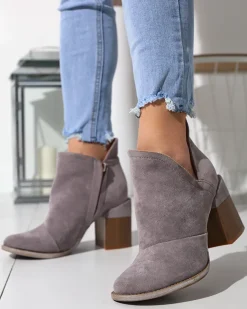 Outlet Szare damskie botki na słupku z wycięciami Cintura Botki Bez Ocieplenia|Botki Na Słupku