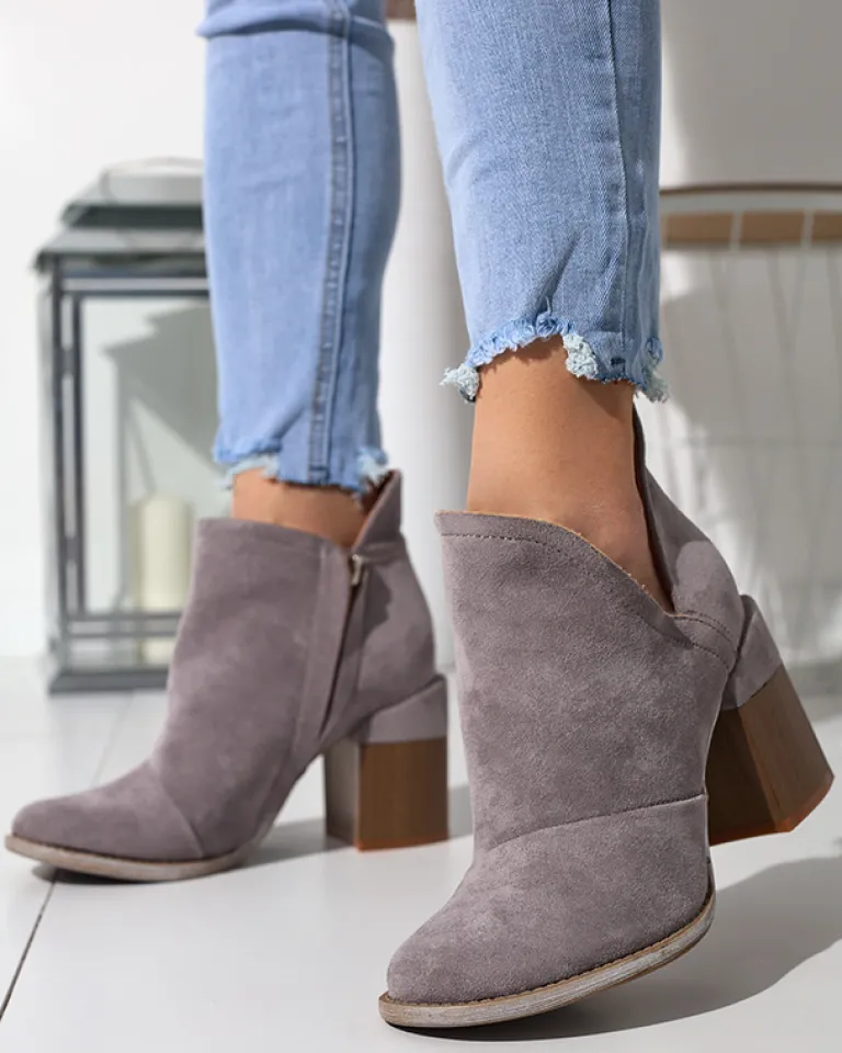 Outlet Szare damskie botki na słupku z wycięciami Cintura Botki Bez Ocieplenia|Botki Na Słupku