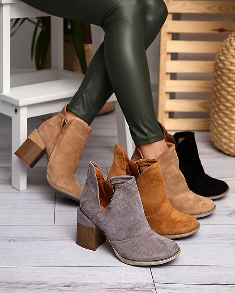 Outlet Szare damskie botki na słupku z wycięciami Cintura Botki Bez Ocieplenia|Botki Na Słupku