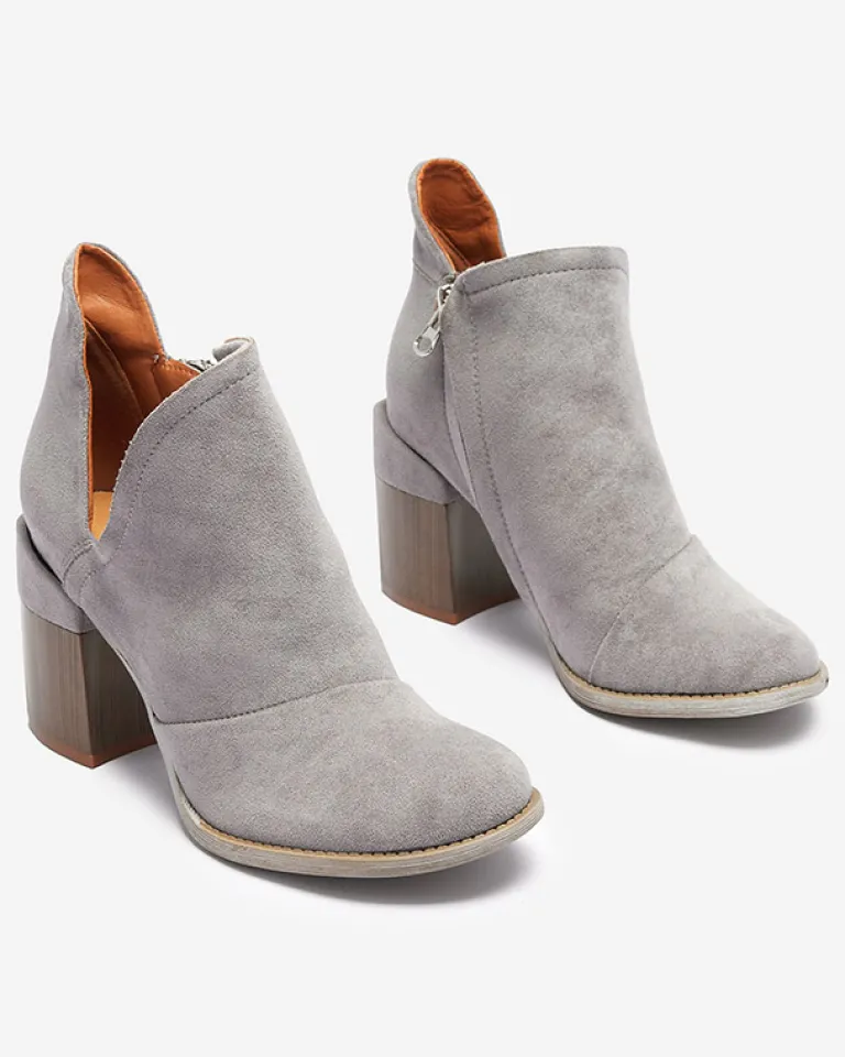 Outlet Szare damskie botki na słupku z wycięciami Cintura Botki Bez Ocieplenia|Botki Na Słupku