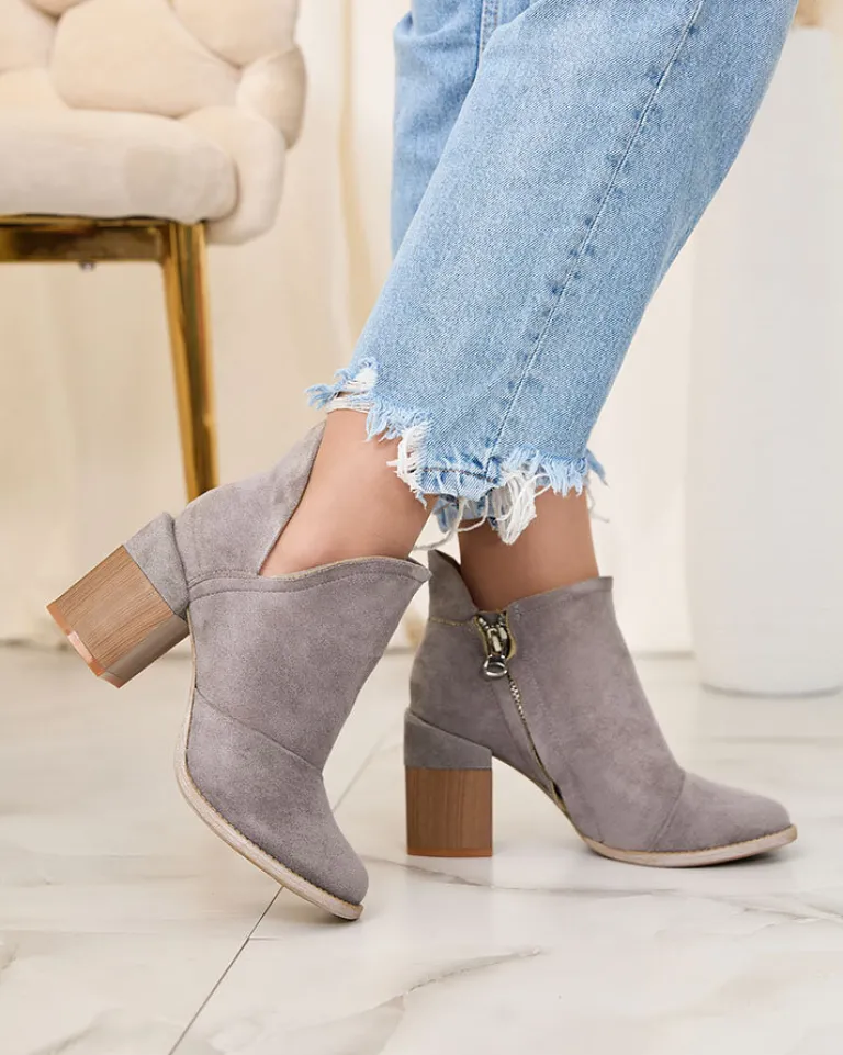Discount Szare damskie botki na słupku z wycięciami Encura Botki Bez Ocieplenia|Botki Na Słupku
