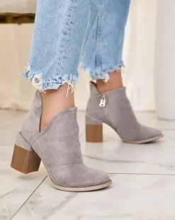 Discount Szare damskie botki na słupku z wycięciami Encura Botki Bez Ocieplenia|Botki Na Słupku