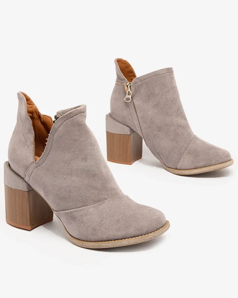 Discount Szare damskie botki na słupku z wycięciami Encura Botki Bez Ocieplenia|Botki Na Słupku