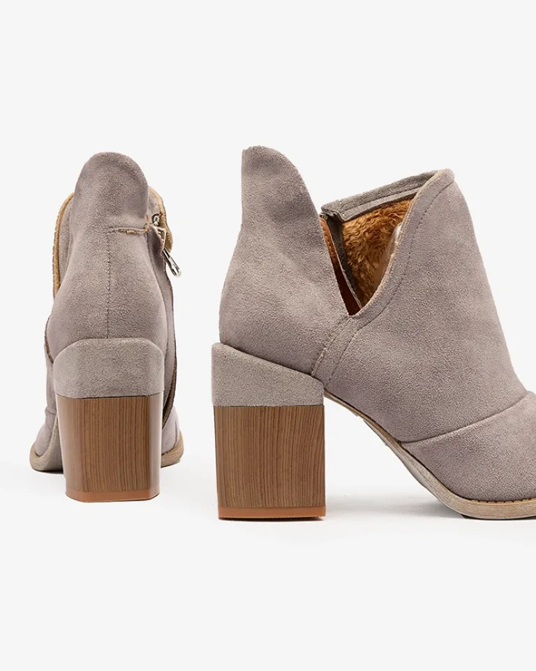 Discount Szare damskie botki na słupku z wycięciami Encura Botki Bez Ocieplenia|Botki Na Słupku