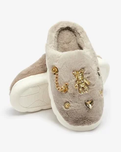 Szare damskie futrzane kapcie z ozdobami Erserra Kapcie