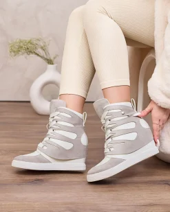 Outlet Szare damskie sportowe botki na koturnie Pamstinsa Damskie Botki Bez Ocieplenia|Botki Na Koturnie