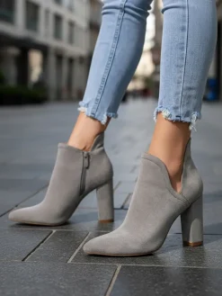 Discount Szare damskie botki na słupku z wycięciem Alania Botki Bez Ocieplenia|Botki Na Słupku