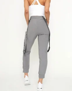 Clearance Szare damskie materiałowe spodnie typu bojówki z szelkami Spodnie Cargo|Spodnie Dresowe